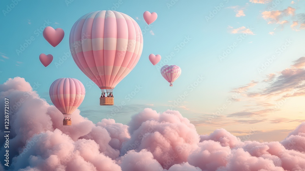 Fototapeta premium Pink Hot Air Balloons Soaring Above Cotton Candy Clouds: A Dreamy Valentine's Day Escape