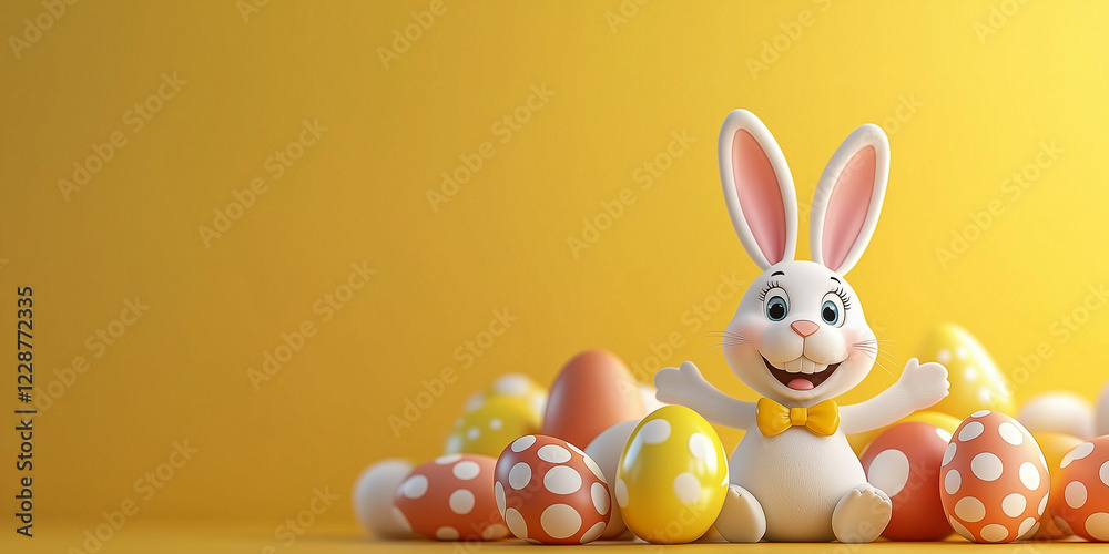 Fototapeta premium Osterkarte - Lachender Osterhase auf neutralen Hintergrund. Osterbanner. Oster Comic