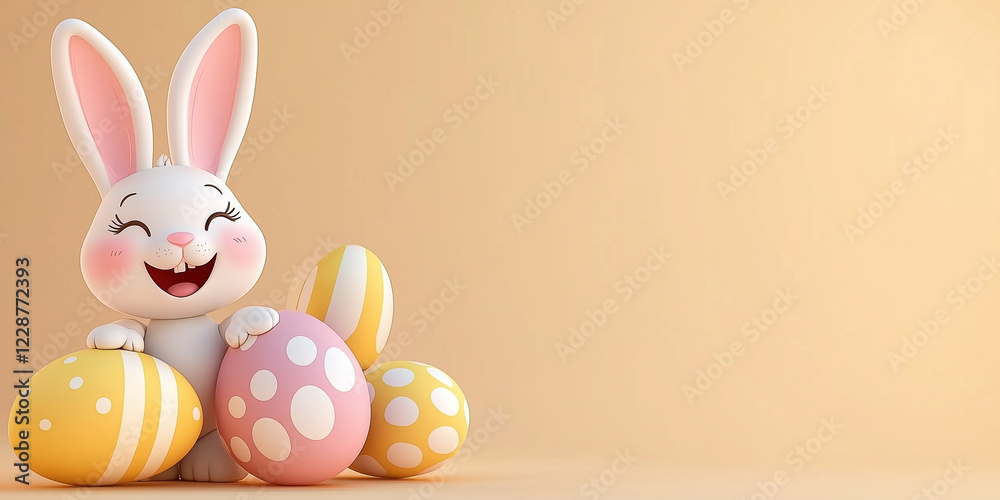 Fototapeta premium Osterkarte - Lachender Osterhase auf neutralen Hintergrund. Osterbanner. Oster Comic