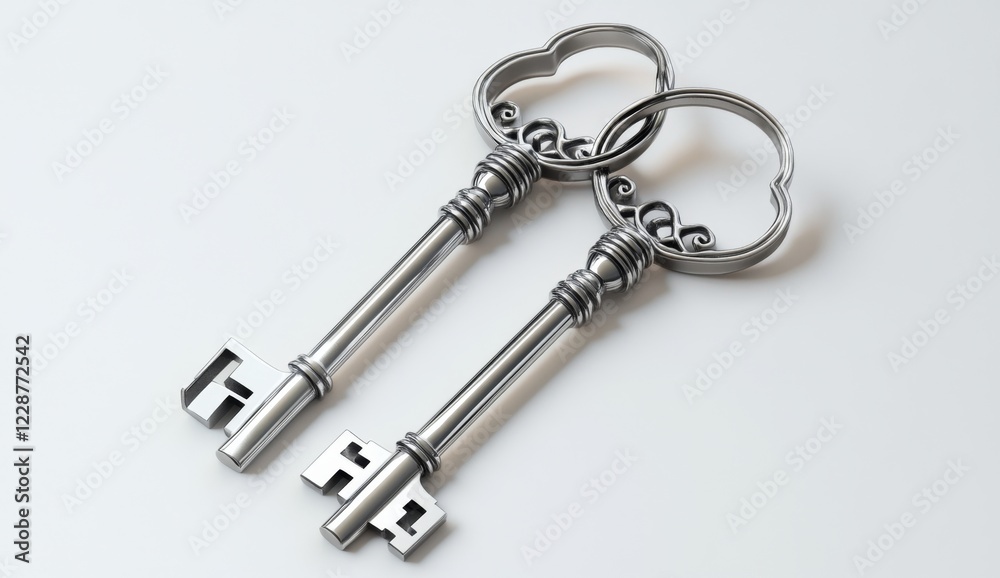 Two ornate keys on white background, studio shot, partnership concept Two ornate keys on white background, studio shot, partnership concept