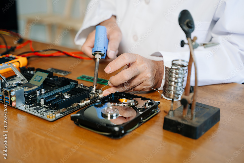 Naklejka premium The technician repairing the motherboard in the lab with copy space. the concept of computer hardware,
