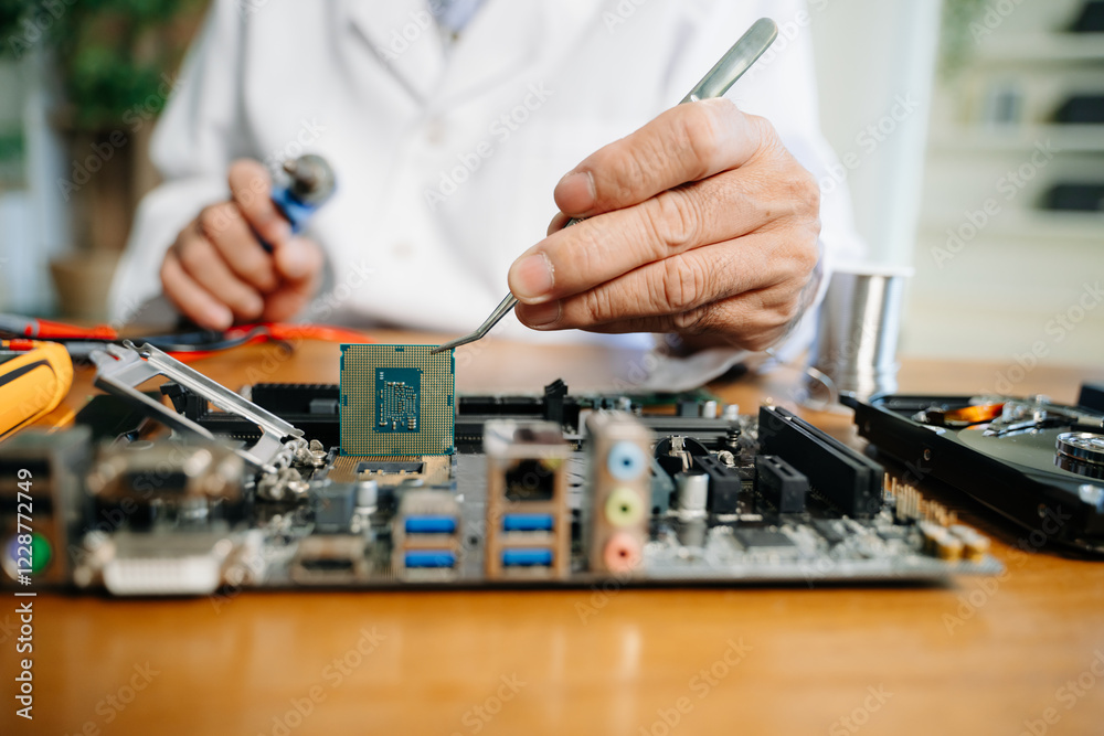The technician is putting the CPU on the socket of the computer motherboard. electronic engineering electronic The technician is putting the CPU on the socket of the computer motherboard. electronic engineering electronic
