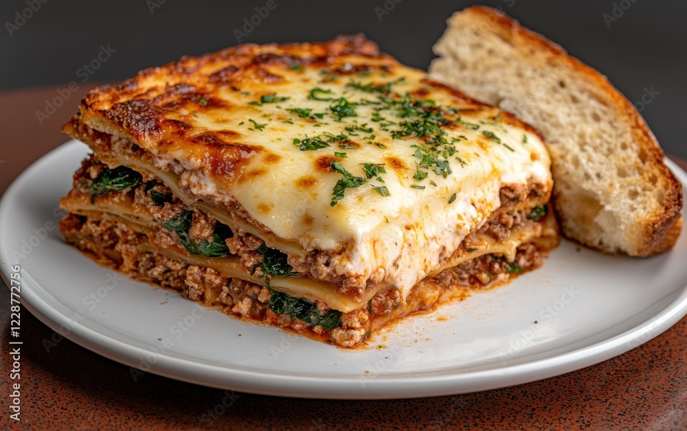 Delicious lasagna with melted cheese and fresh parsley Delicious lasagna with melted cheese and fresh parsley