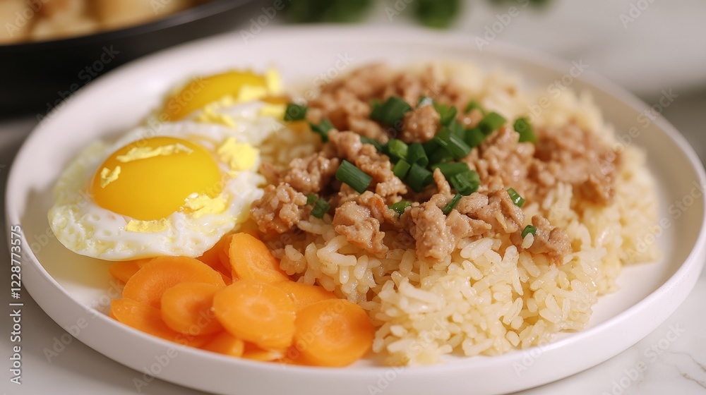 Thai Fried rice with egg and sliced carrot in white plateEasy cooking food Thai Fried rice with egg and sliced carrot in white plateEasy cooking food
