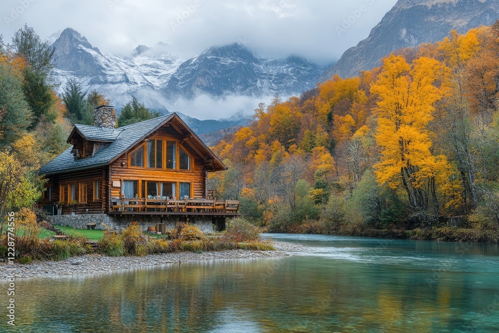 Fototapeta premium Cozy cabin by a serene mountain lake in autumn