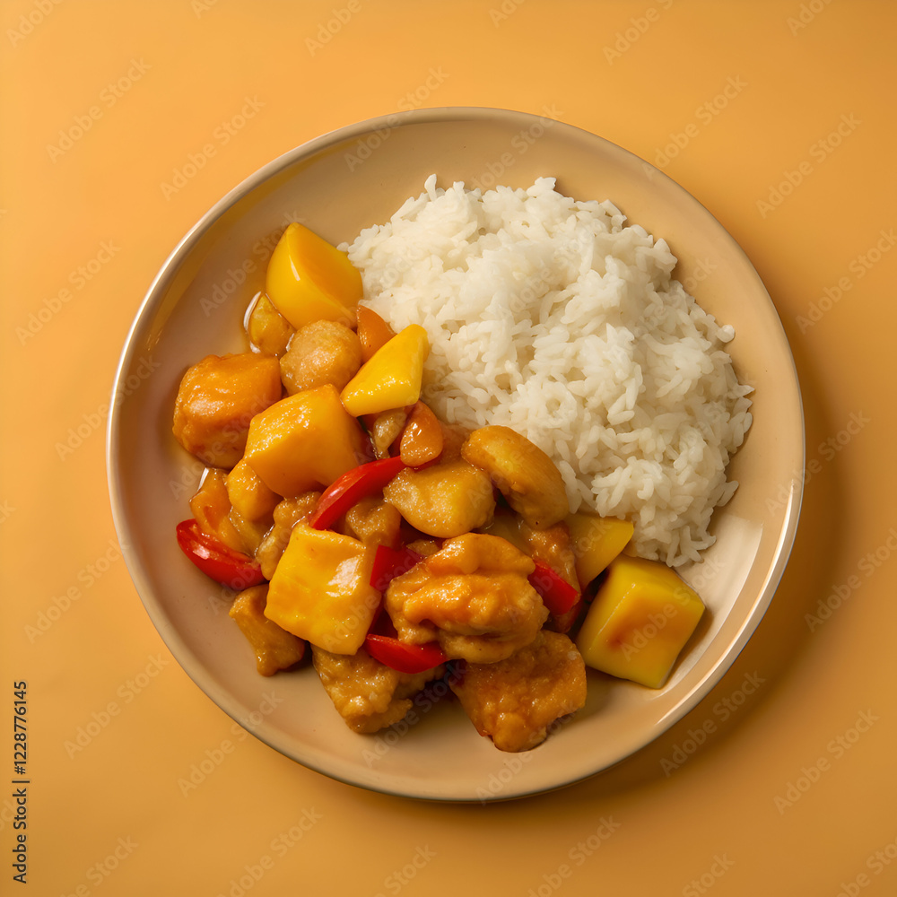 Sweet and Sour Chicken with Pineapple and Steamed Rice. Delicious Asian Cuisine Sweet and Sour Chicken with Pineapple and Steamed Rice. Delicious Asian Cuisine