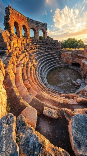 Ruins of roman amphitheater in tipaza, algeria, glowing during sunset photo