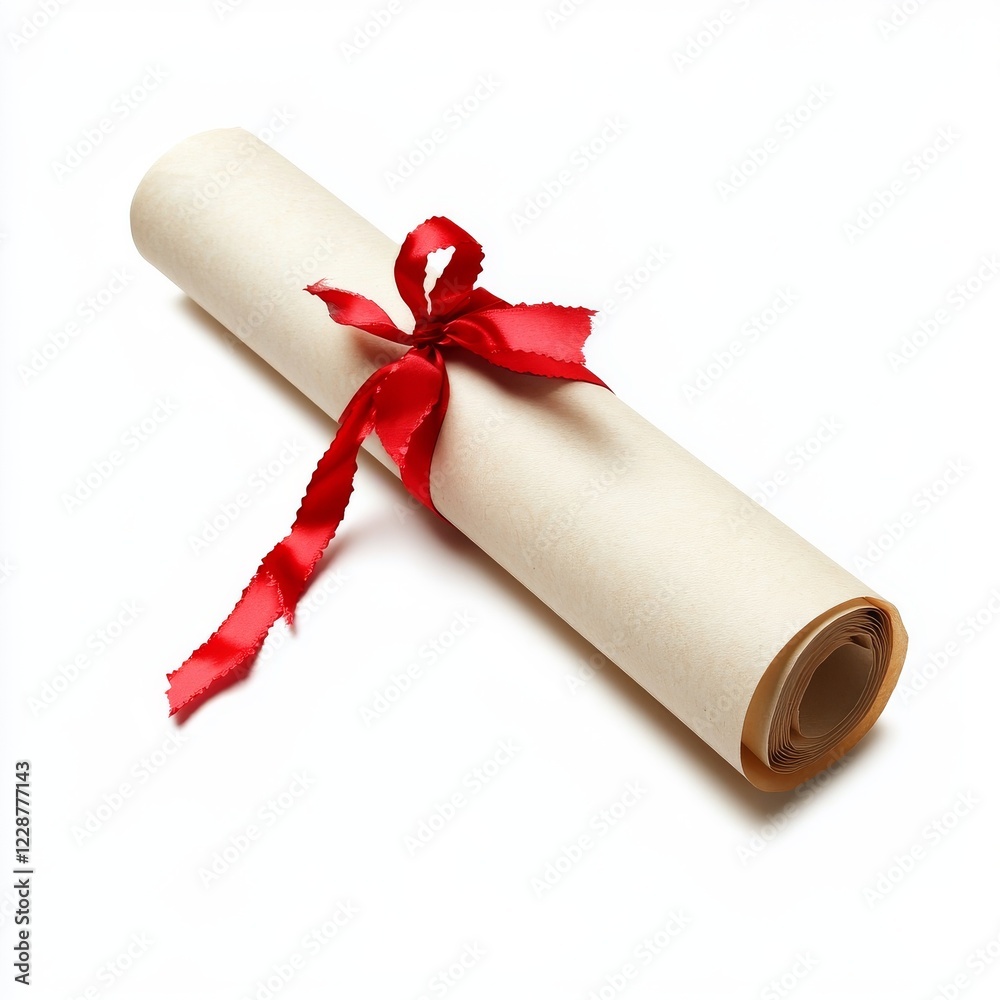 Diploma, close up of paper scroll with red ribbon isolated on white background Diploma, close up of paper scroll with red ribbon isolated on white background