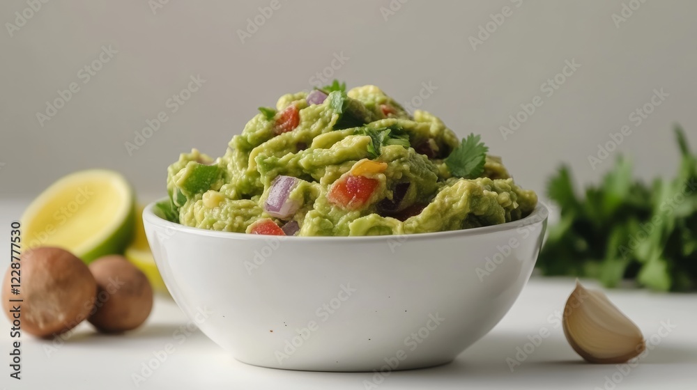 Guacamole bowl and guacamole ingredients isolated on white background Flat lay Guacamole bowl and guacamole ingredients isolated on white background Flat lay
