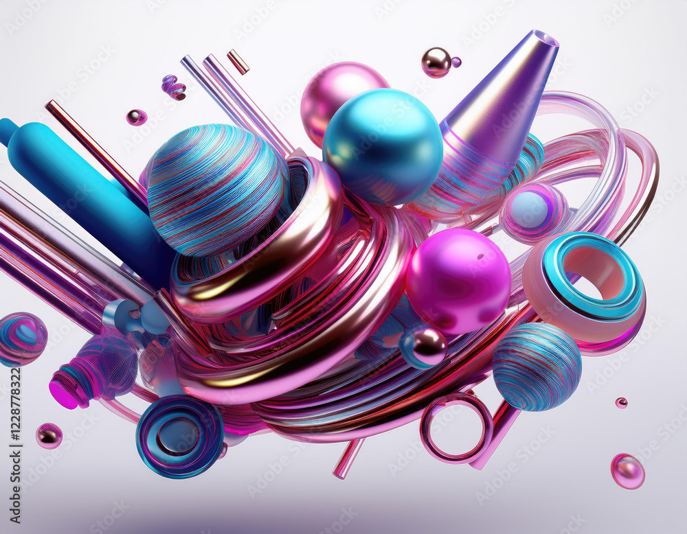 Fototapeta premium 3d render realistic primitives composition. Flying shapes in motion isolated on White background. Abstract theme for trendy designs. Spheres, torus, tubes, cones in metallic blue and pink colors.