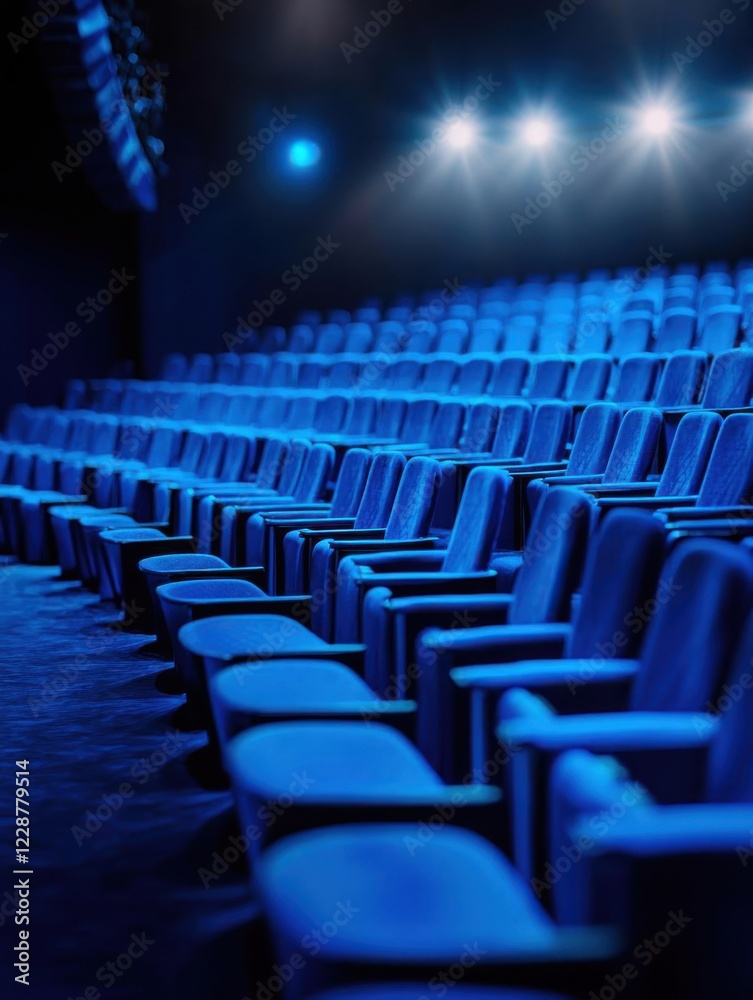 Empty blue theater seats await the audience for a thrilling show. Empty blue theater seats await the audience for a thrilling show.