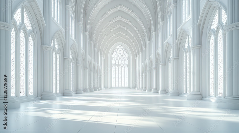 Naklejka premium White Cathedral Hallway, Sunlight, Gothic Architecture, Empty, Interior Design