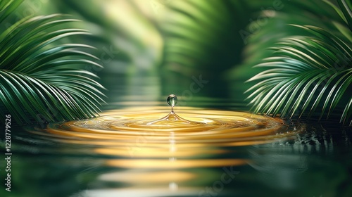Fototapeta Naklejka Na Ścianę i Meble -  Golden drop falling jungle water