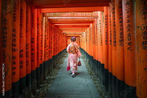 Japanese women in a traditional Japanese kimono walks at Fushimi Inari Shrine in Kyoto. landmarks of Japan	