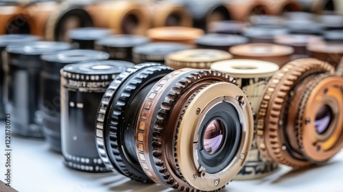 Vintage camera lenses displayed at a market photo