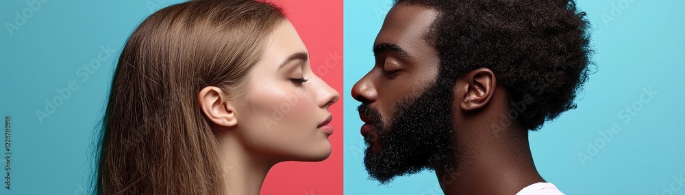 Obraz premium Couple faces close, red-blue background, intimacy