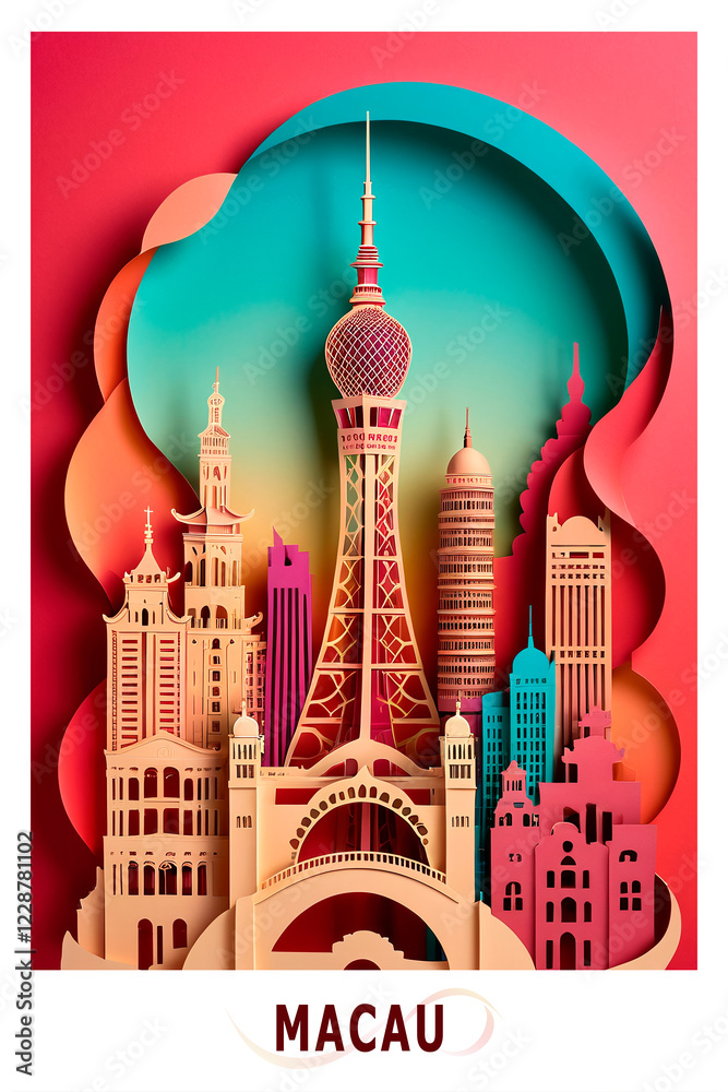 Fototapeta premium Macau city poster in papercut, cut out style image. Layered creative skyline picture for travel booklet, postcard, print, cover with landmarks, casinos, hotels