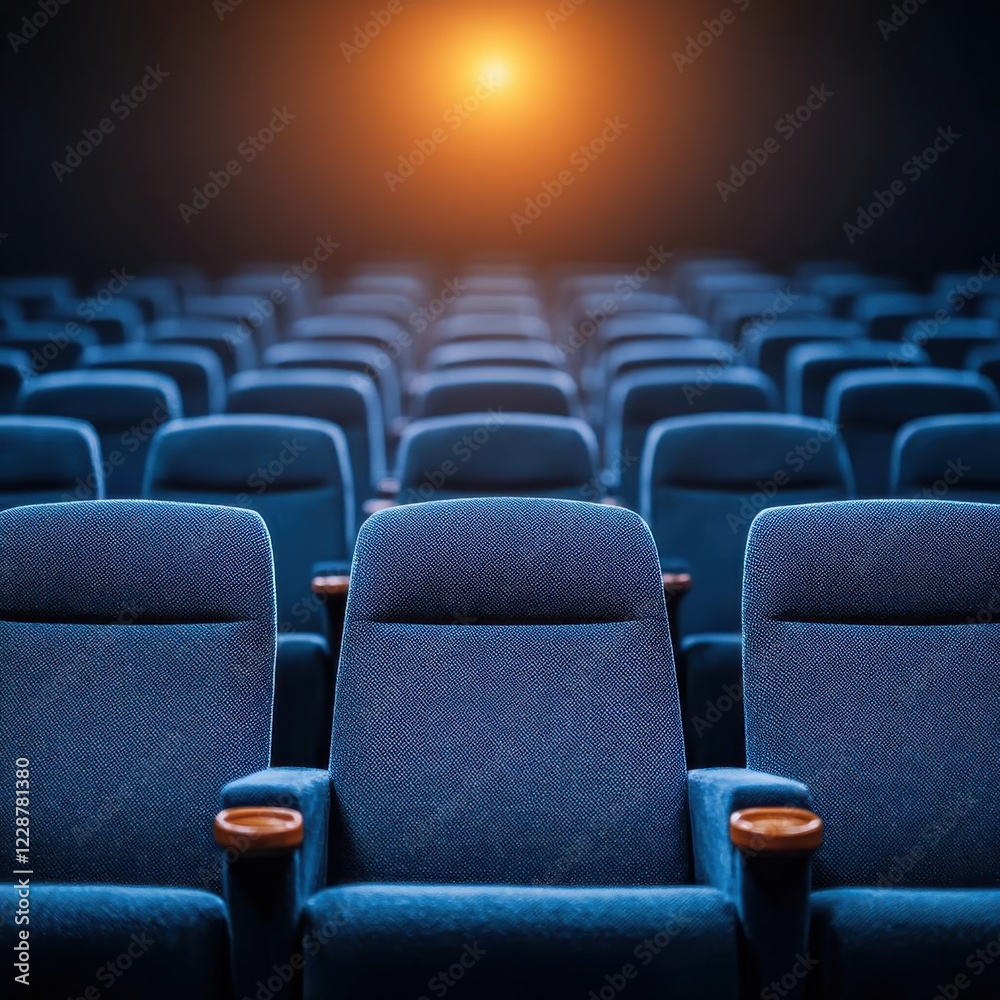 Naklejka premium Empty blue cinema seats ready for the next audience arrival.