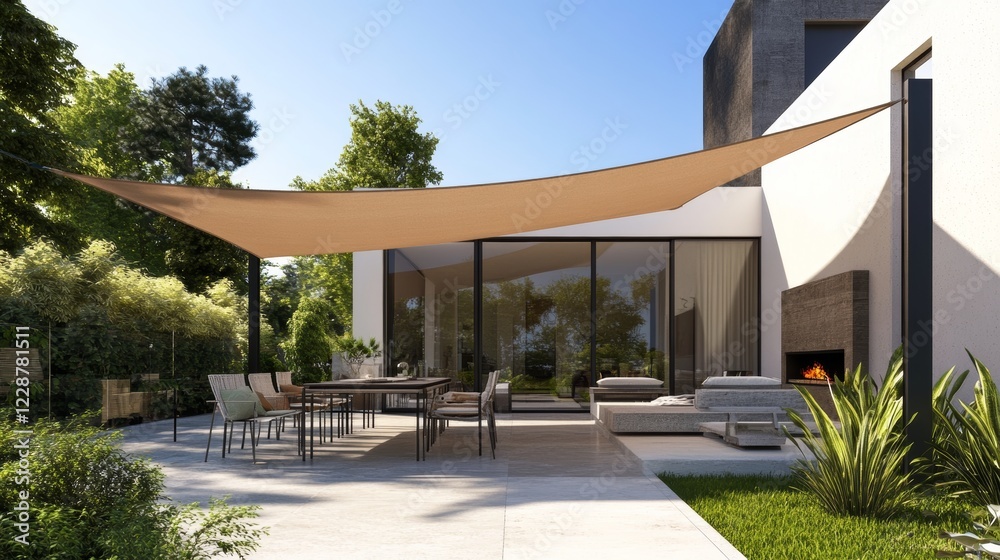 Modern house terrace in summer with table and shade sail Modern house terrace in summer with table and shade sail