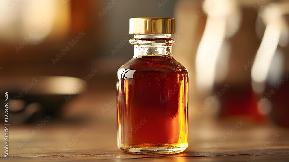A small bottle of vanilla extract with a gold cap