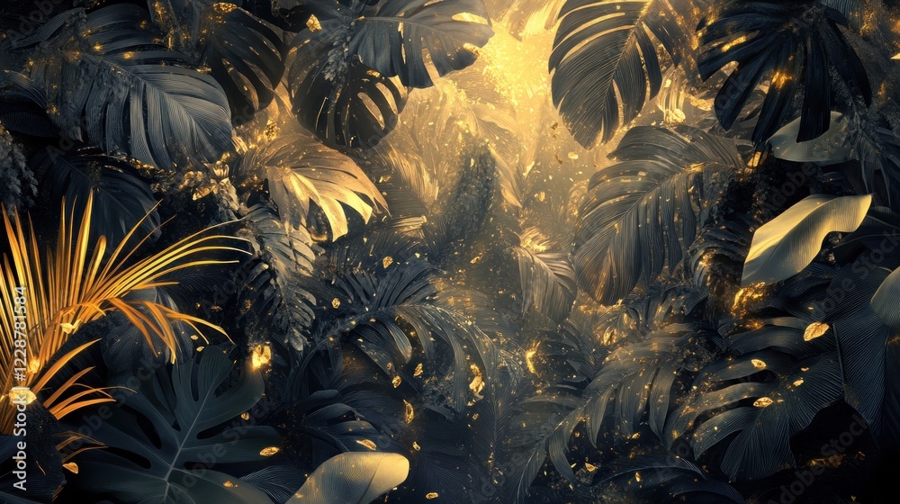 Fototapeta premium Golden tropical leaves, jungle, sunlight, fantasy background, design