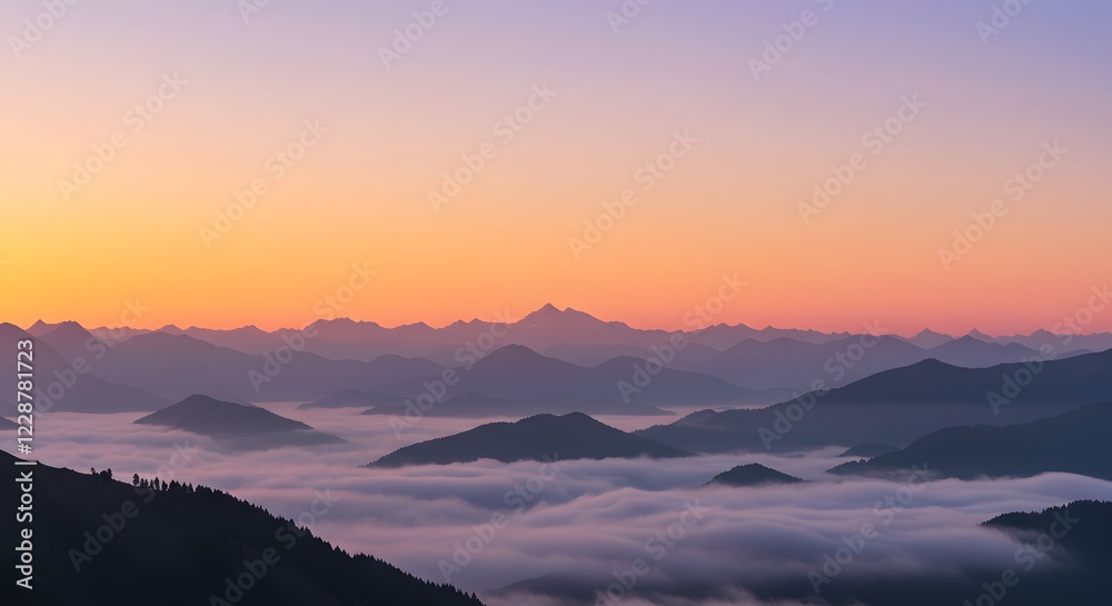 Serene mountain sunrise with soft mist, leaving a wide space for text overlay in the sky. Copyspace. Textspace Serene mountain sunrise with soft mist, leaving a wide space for text overlay in the sky. Copyspace. Textspace