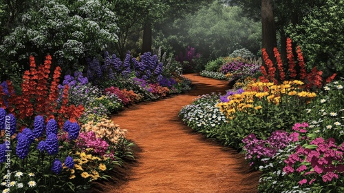 Vibrant flower garden with a winding path surrounded by lush greenery and colorful blooms