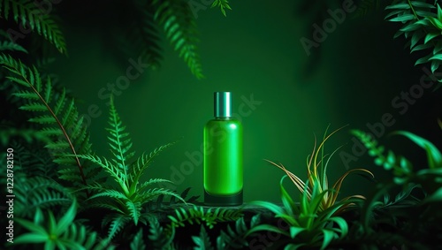 Wallpaper Mural Rich emerald green cosmetic bottle emitting a soft, ethereal glow against a lush, deep green background set amidst a whimsical arrangement of jungle plants. Torontodigital.ca
