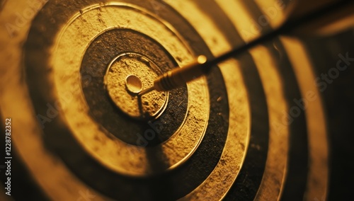 Dart hitting bullseye on worn dartboard.