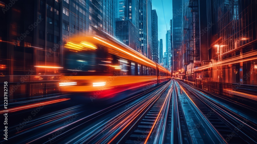 Obraz premium A vibrant city scene with a speeding train through modern skyscrapers at dusk.
