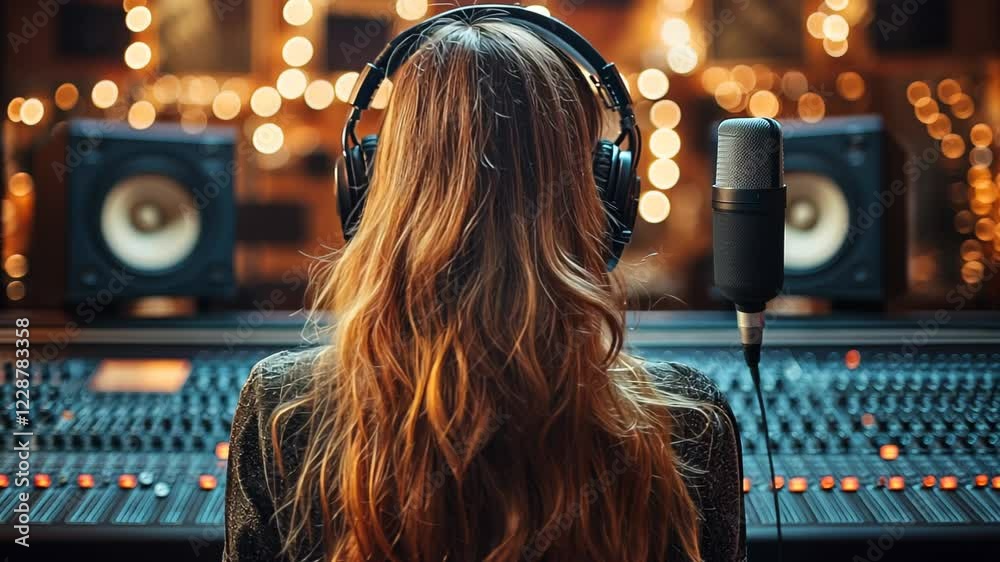 Young woman in headphones recording music in a studio with lights