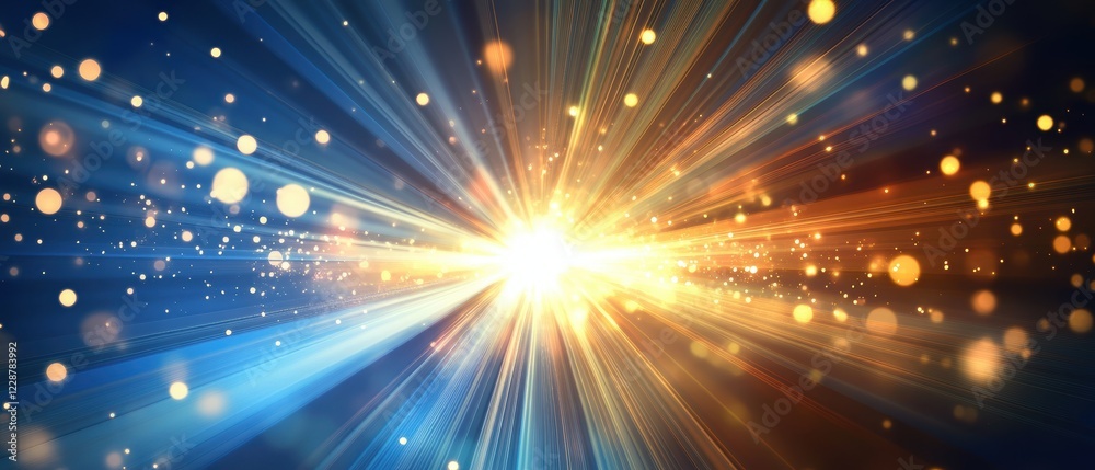 Naklejka premium Vibrant Light Burst with Rays and Glittering Particles in Blue and Orange Background for Dramatic Visual Effects
