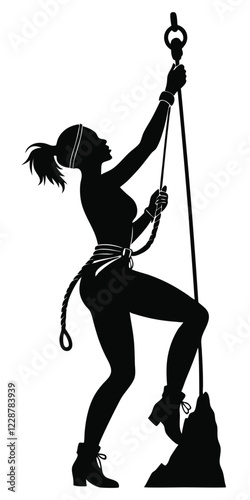silhouette of a trekking girl climbing mountain with a rope white background