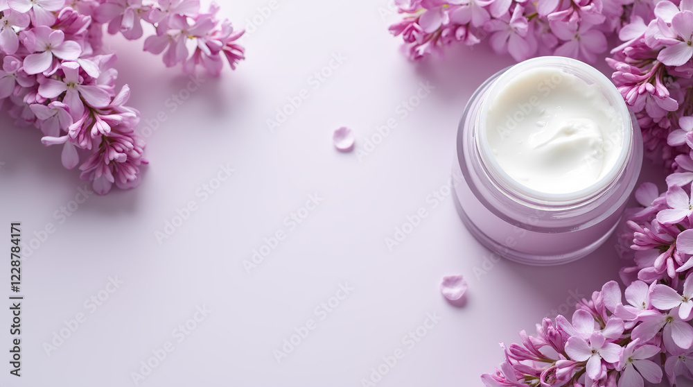 Lilac background with cream jar and blank space for text. Lilac background with cream jar and blank space for text.