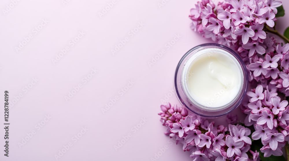 Lilac background with cream jar and blank space for text. Lilac background with cream jar and blank space for text.