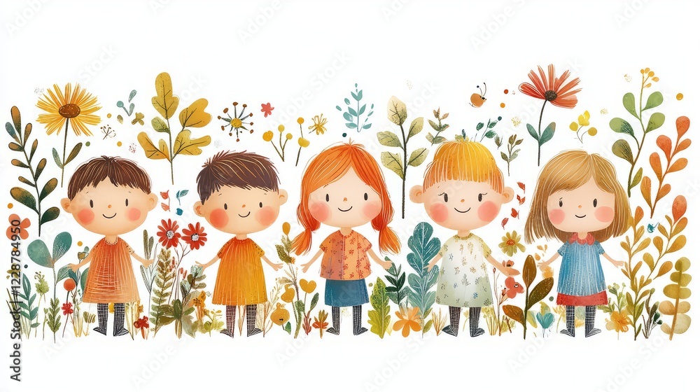 Illustration of cheerful children surrounded by colorful flowers and plants. Illustration of cheerful children surrounded by colorful flowers and plants.