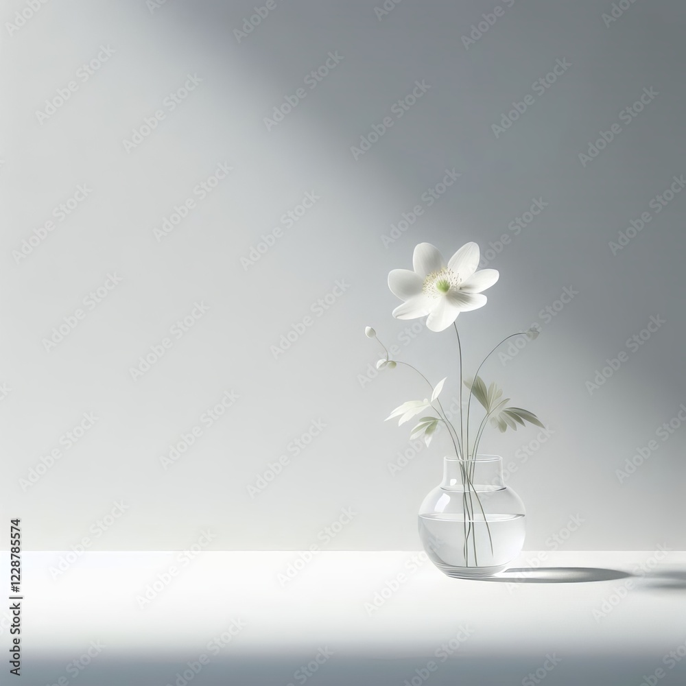 A white spring flowers in a clear glass vase blooming beautifully on white background