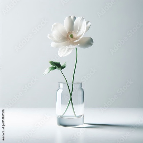 A white spring flowers in a glass vase on white background