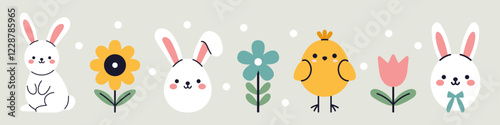 Vector set of cute baby animals. Bunnies and rabbits, chick and flowers. Funny childish springtime clipart collection in flat design. Kawaii animals. Easter objects.