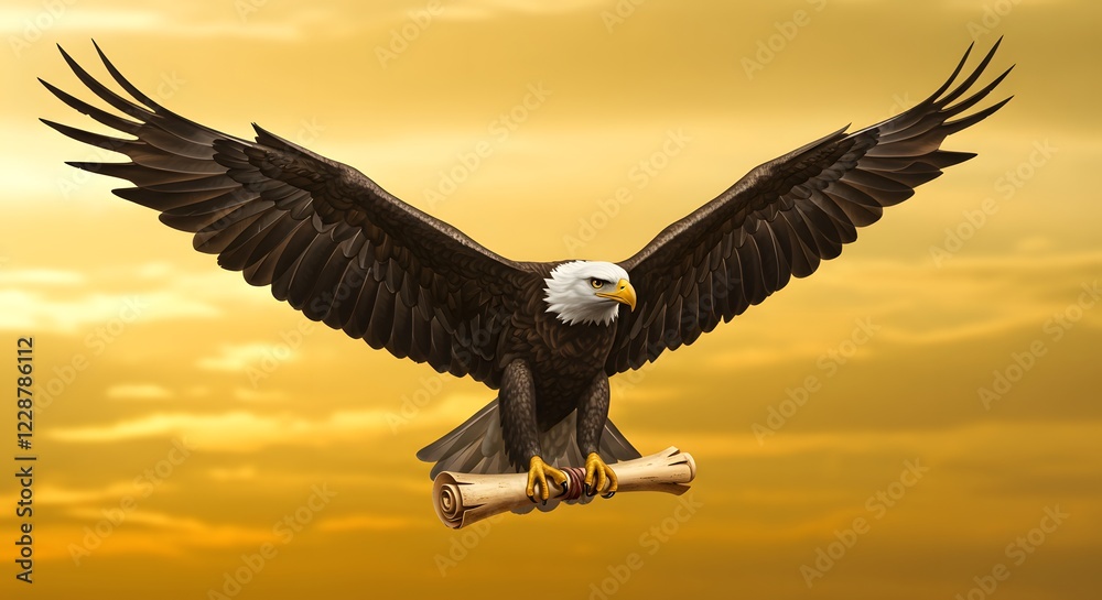Obraz premium Majestic Bald Eagle Soaring at Sunset with Scroll