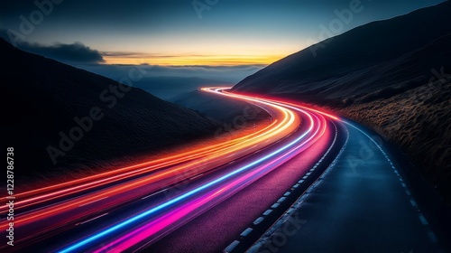 Vibrant light trails on winding road at dusk, showcasing motion and serenity.