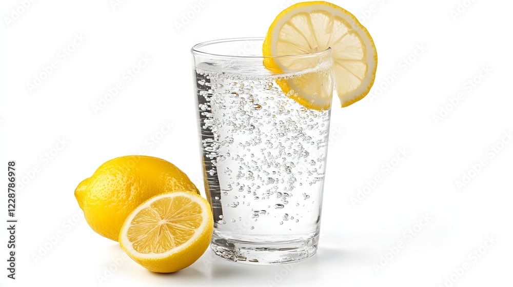 A glass of sparkling water with a slice of lemon A glass of sparkling water with a slice of lemon