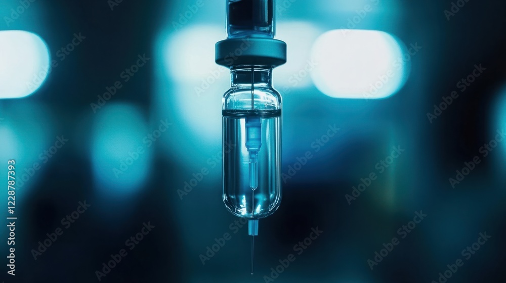 Close-Up of a Glass Medical Vial with Clear Liquid Suspended in Bright Laboratory Setting, Focus on Syringe and Needle for Injection Use Close-Up of a Glass Medical Vial with Clear Liquid Suspended in Bright Laboratory Setting, Focus on Syringe and Needle for Injection Use