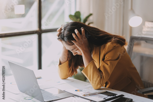 Young Asian businesswoman working on laptop computer, stressed has a headache and thinks hard from work at the office..