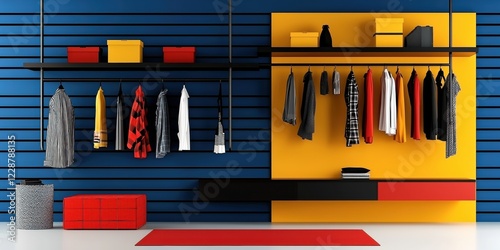 Modern clothes display with vibrant colors and minimalist design.