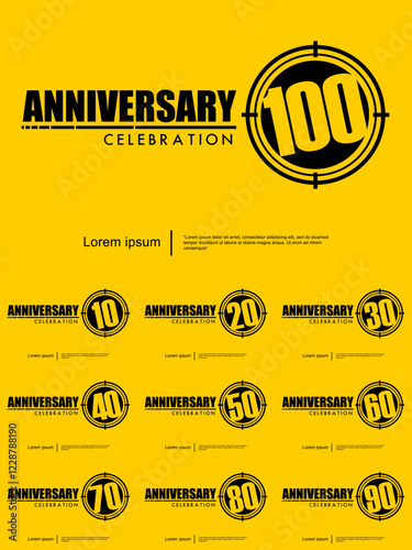 Set of 10-100th years anniversary celebration emblem. black anniversary logo isolated with target crosshairs on yellow background. vector illustration template design for web, flyers, poster, greeting