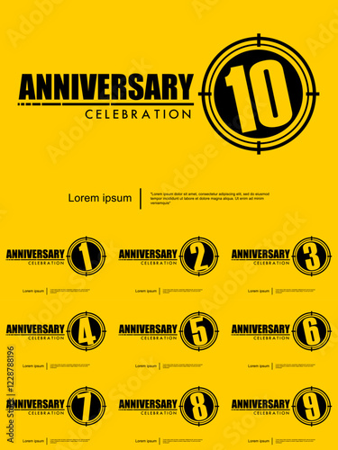 Set of 1-10th years anniversary celebration emblem. black anniversary logo isolated with target crosshairs on yellow background. vector illustration template design for web, flyers, poster, greeting
