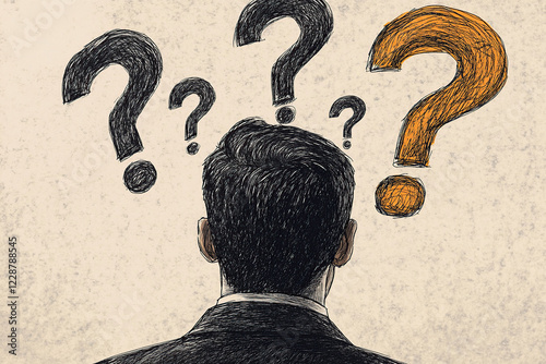 Intriguing hand-drawn illustration of a man pondering with question marks