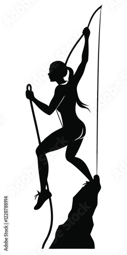 Silhouette of a trekking girl climbing mountain with a rope vector