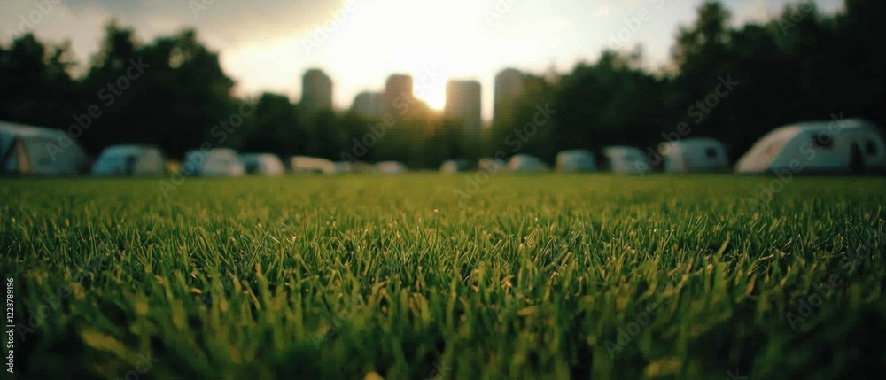 Fototapeta premium Lush Green Grass Lawn Camping Tents City Skyline Background